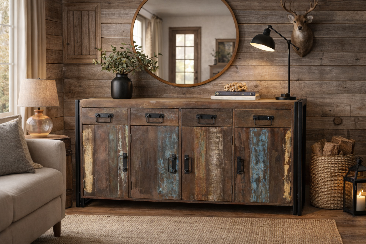 Old Reclaimed Wood 4 Door 4 Drawer Sideboard